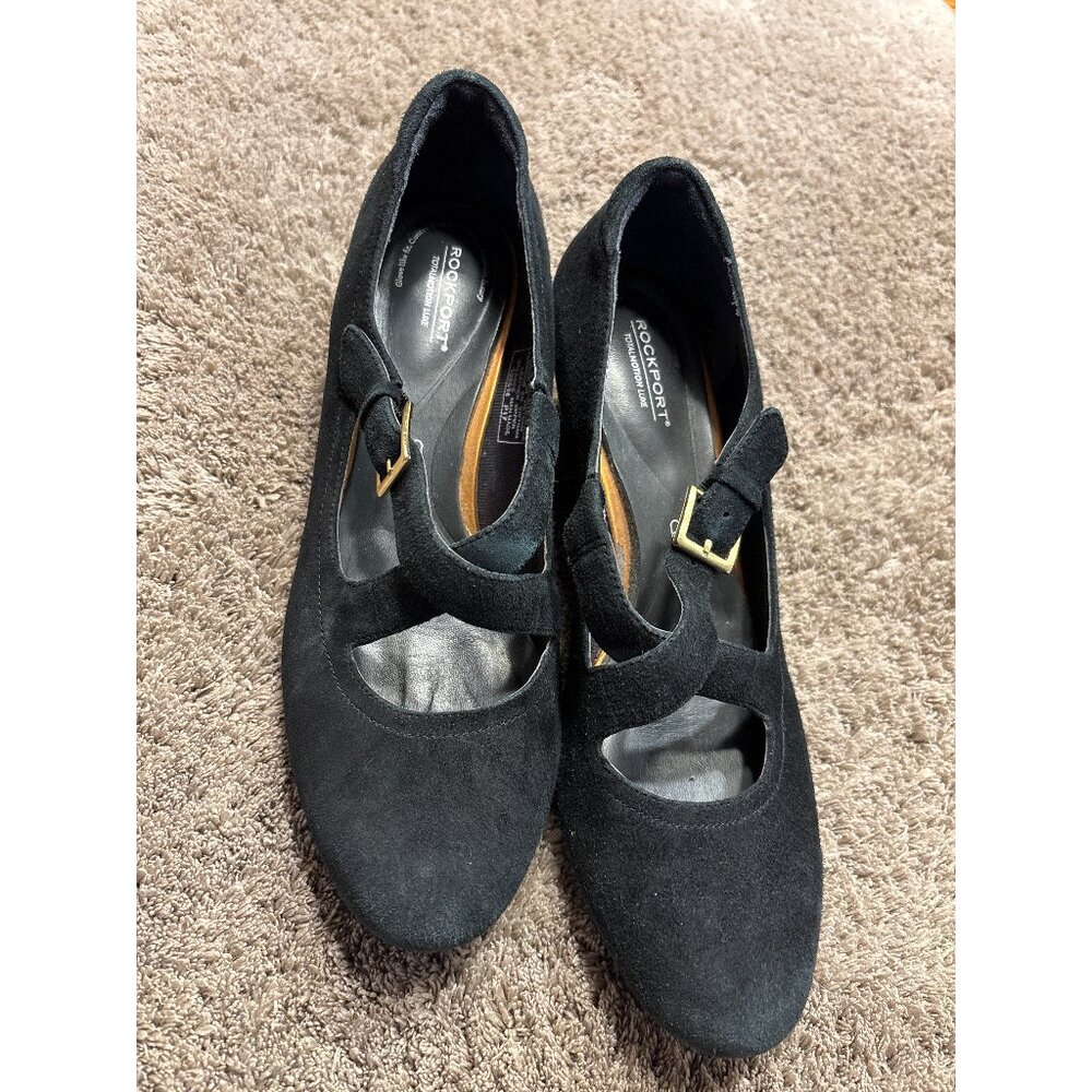 Rockport Total Motion Luxe 2-Strap Mary Jane Wedges |Women's 8.5| Black Suede